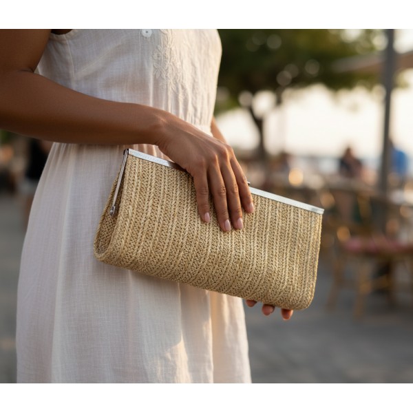 Evening Bag - Braided Straw Like w/ Metal Frame - Beige - BG-92071BEI